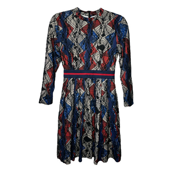 Unbranded Womens Geometric Sheath Dress Small Lace Blue Red Lined Elastic Waist - Picture 1 of 6